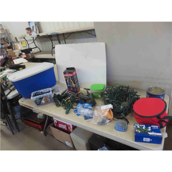 Christmas Lights, Floodlights, Cords, Storage Tub