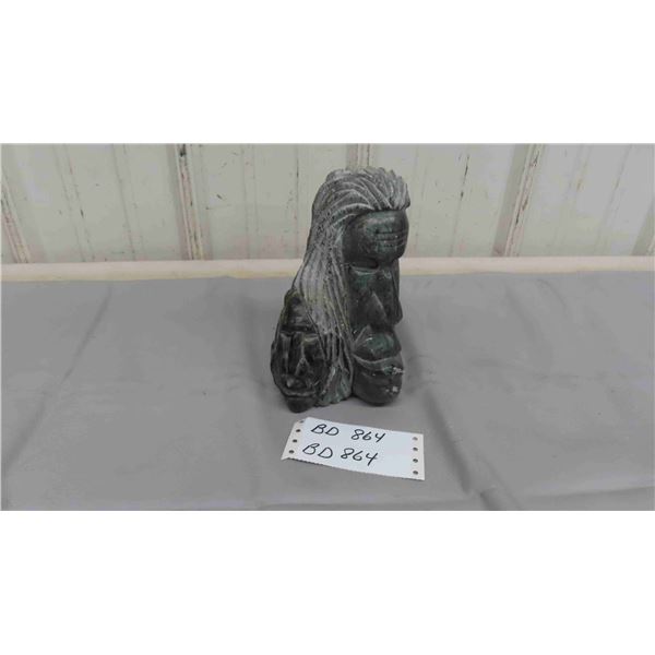 First Nations 2 Face Spirit Soapstone Carving by Stillwell 1998 - Heavy! 7.5" Tall