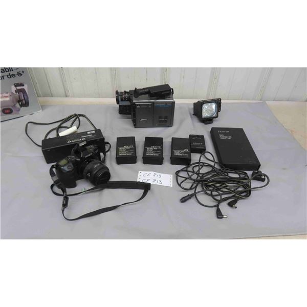 Minolta Camera, Zenith Compact VHS Recorder, Zenith Battery Packs, Power Supply, 