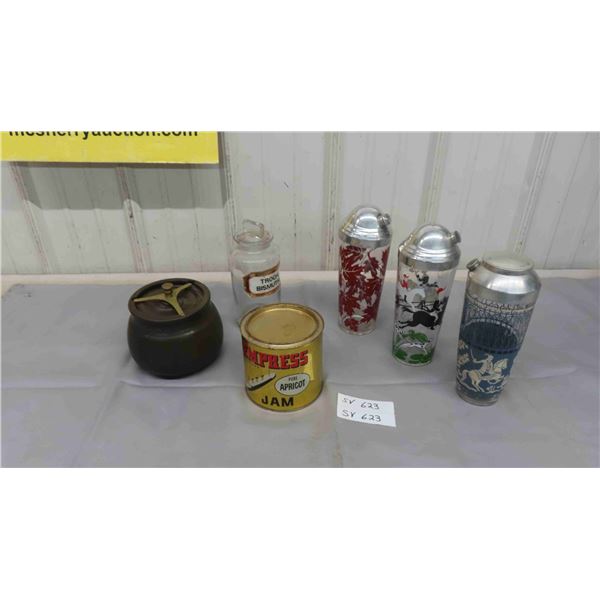 Empress Jam Tin, Pottery Ashtray (3), Martini Shakers, Troch Bismuthi Jar with Lid