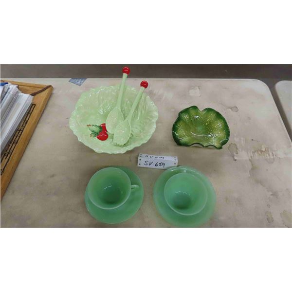 Carltonware Salad Bowl with Matching Fork + Spoon, 2 Cups with Saucers - 1 Fire King,