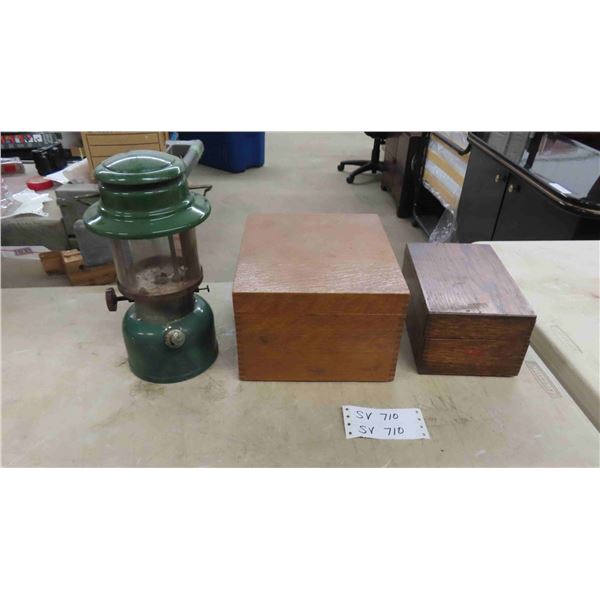 Coleman Lantern Model #335, Vintage Wooden Card Index 4.75" x 6" x 8.5" & Wood Box