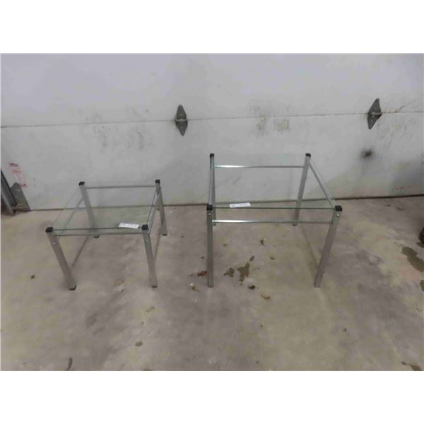 2 End Tables - Chrome + Glass ; 20" x 20" x 22" & 16" x 16" x 17" 