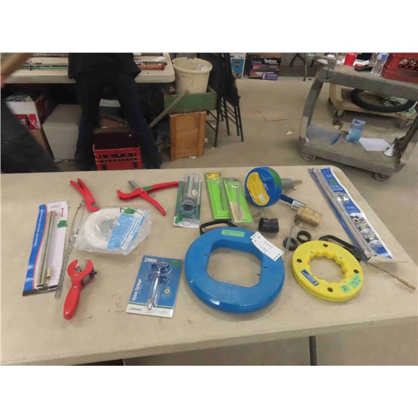 Plumbing Items ; Drain Auger, (2) Fish Tapes, Pipe Cutter, Faucet Kit, plus more