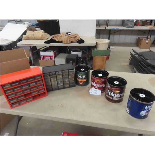 2 Organizers Full of Small Hardware; Screws, Nails + 4 Tins with 3 Tier Trays of 