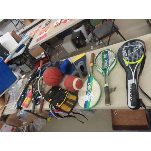 Storage Tub Full of Sports Items; Tennis, Badminton Rackets + Basketball, Footballs,