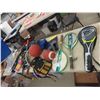 Image 1 : Storage Tub Full of Sports Items; Tennis, Badminton Rackets + Basketball, Footballs, 