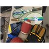 Image 3 : Storage Tub Full of Sports Items; Tennis, Badminton Rackets + Basketball, Footballs, 