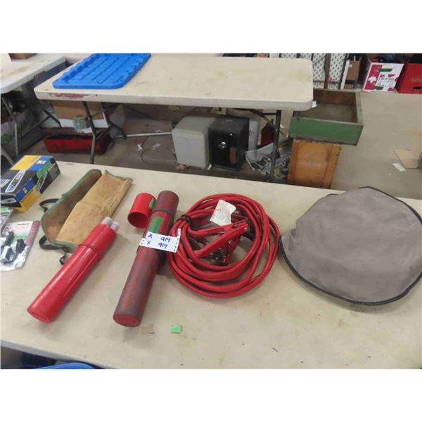 Heavy Duty Booster Cables, 2 Tubes of Road Flares + Tub