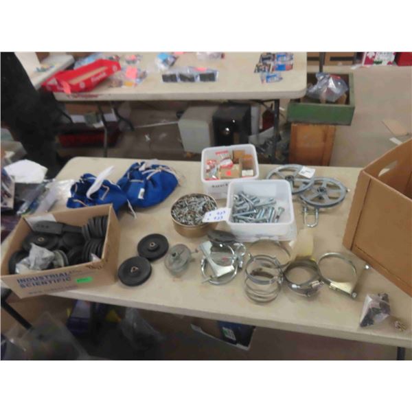 Various Hardware ;  Pulleys, Bolts, Pipe Clamps, Screws, Blue Bag of Nails