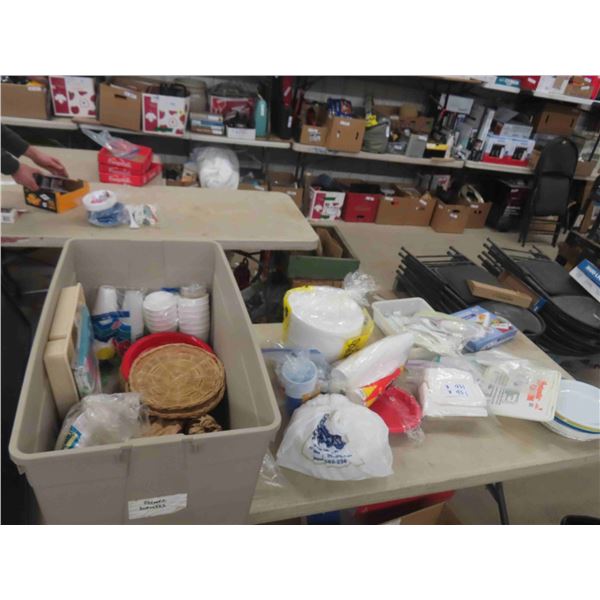 Quantity of Picnic Dishes, Plastic Cups, Inflatable Serving Bar, Tub with Lid