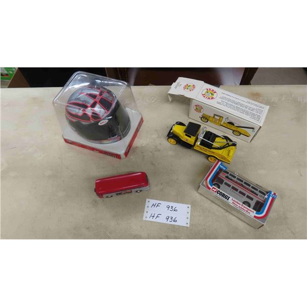White Rose Ertl Diecast Tow Truck in Box, Corgi London Transport Double Decker Bus, Coca Cola Bus, 