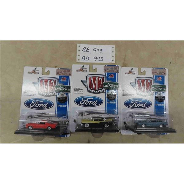 3 Cast Line Ford M2 Machines : 1957 Ford Fairlane 500, 1965 Ford Mustang 2x2 Fastback, 1968 