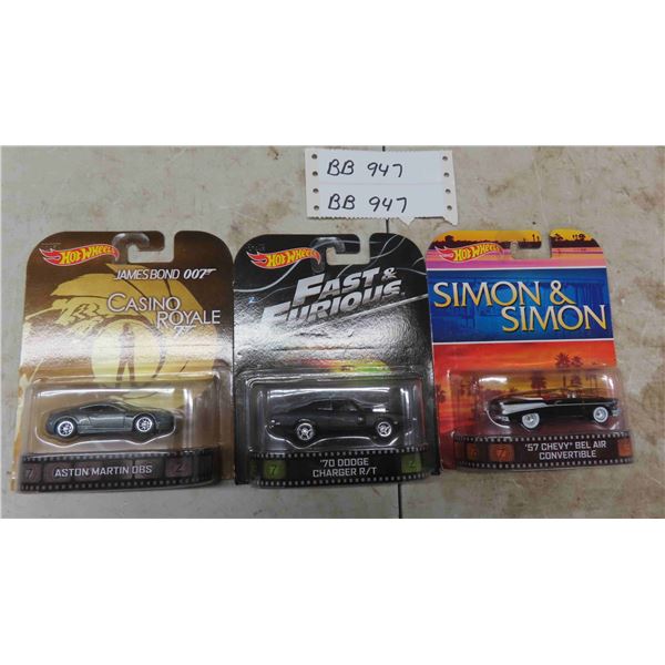 3 Hot Wheels : Aston Magtin DBS , 70 Dodge Charger R/T, 57 Chevy Belair 