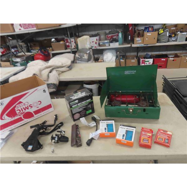 Coleman 421-0 Stove , Fishing Reel , Dog Harness, Hand Warmer 