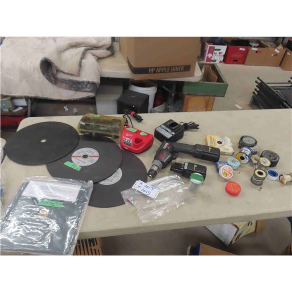 (3) 14'' Cutoff Discs , 12 Volt Air Cap, Milwaukee M12 Charger, Black and Decker Drill with 2 