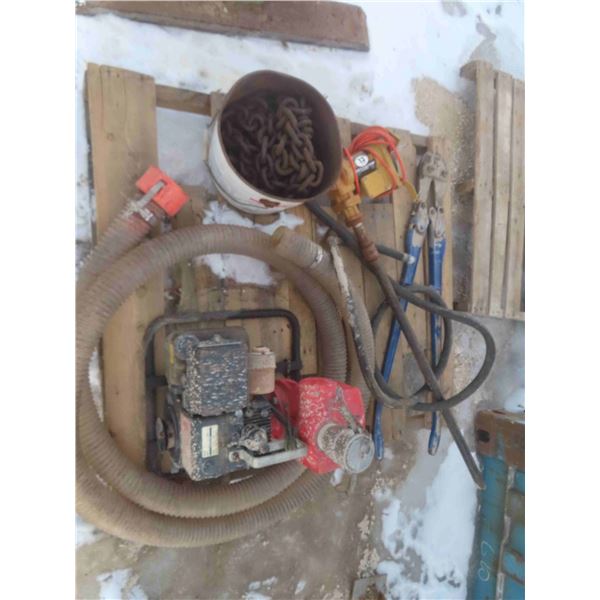 Pail of Chain, Water Pump, Barrel Pump, Large Bolt Cutters 
