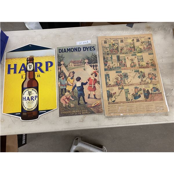 Harp Hager Beer Cardboard Sign 14'' x 22'' , Diamond Dyes Metal Reproduction Sign 