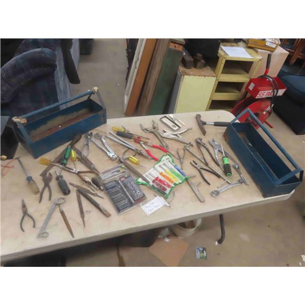 2 Metal Tool Boxes with; Nut Drivers, Pliers, Cutters, Chipper, Vice Grip, Sockets, 