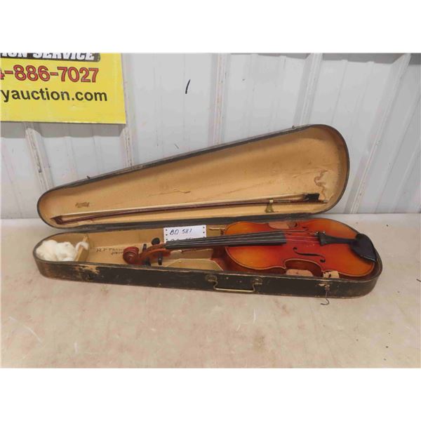 Antique Violin in Original Wooden Case with Bow, Has Paper Stradivarius Label 