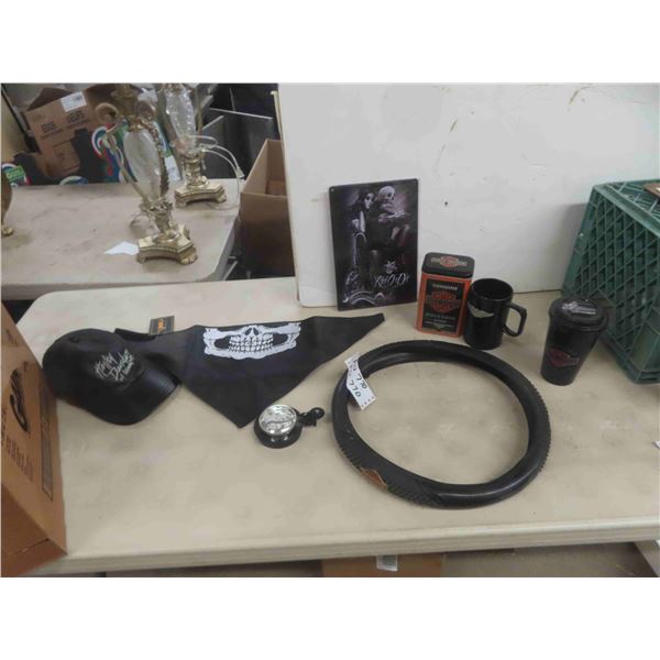 Harley Davidson Items ; Steering Wheel Cover, Leather Hat, Bandana, Tins, Cups,