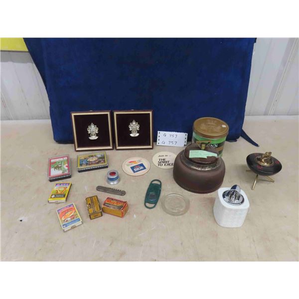 (2) Framed Art, Antique AFC Tobacco Jar, Tobacco Collectibles ; Tins, Lighters,