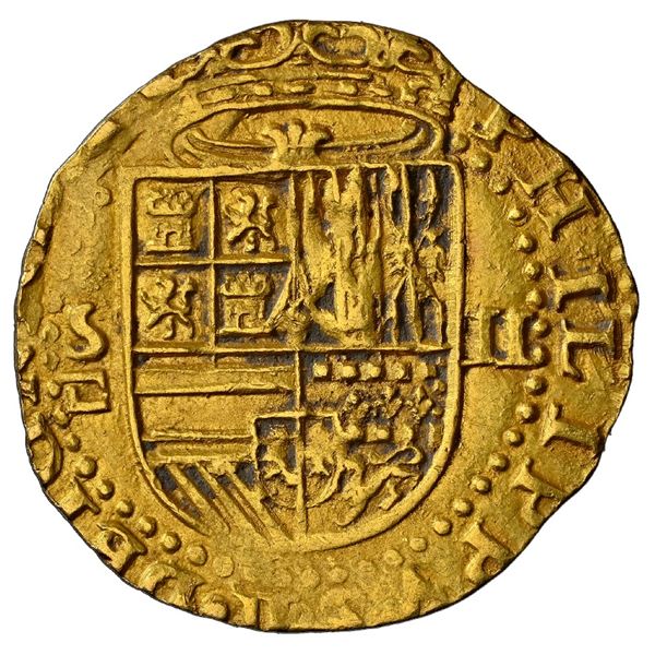 SPAIN, Seville, gold cob 2 escudos, Philip II, assayer Gothic D below mintmark S to left, NGC AU 55.