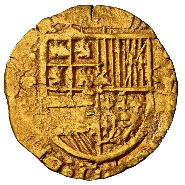 SPAIN, Seville, gold cob 1 escudo, Philip II, assayer Gothic D to right, mintmark S to left, NGC AU