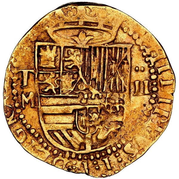 SPAIN, Toledo, gold cob 2 escudos, Philip II, assayer M below mintmark T (no o) to left, denominatio