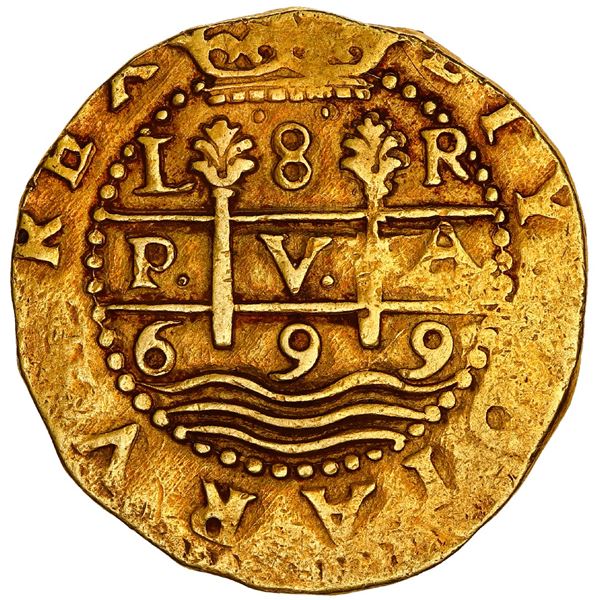 PERU, Lima, gold cob 8 escudos, 1699 R, legend HISPANIARVM, short columns, NGC AU 55 (1715 Fleet Shi