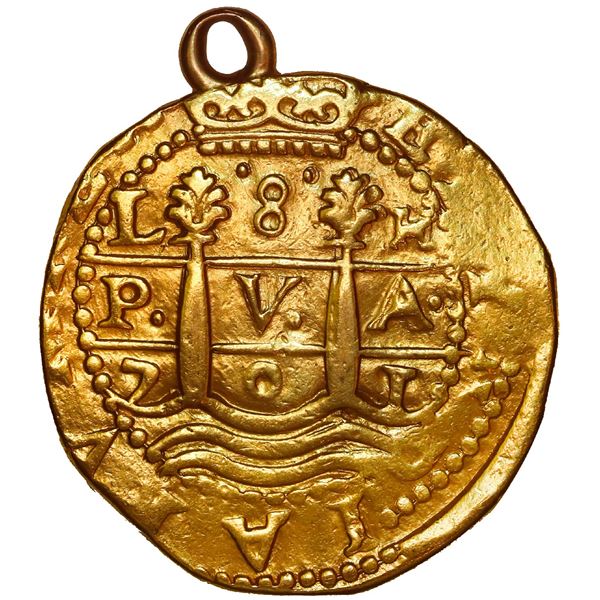 PERU, Lima, gold cob 8 escudos, 1701 H, posthumous Charles II, extremely rare.