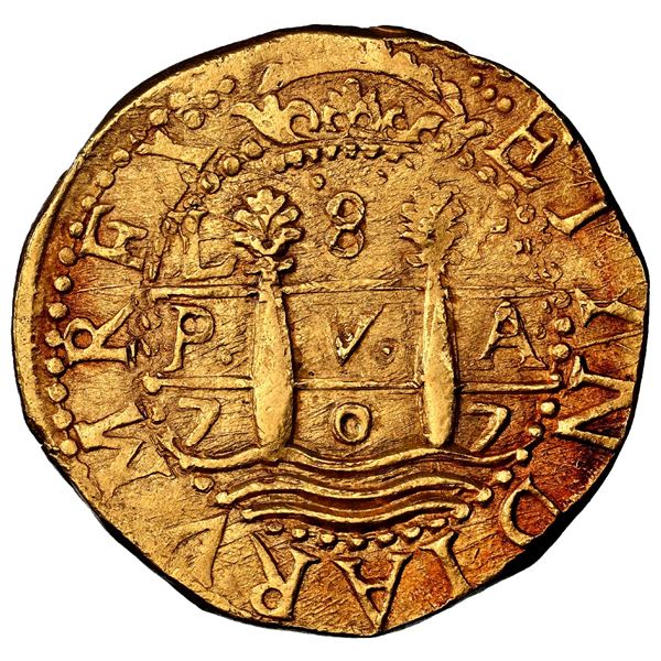 PERU, Lima, gold cob 8 escudos, 1707 H, legend ISPANIAR, rare, NGC MS 63 (1715 Fleet Shipwreck Label