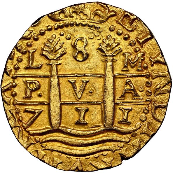 PERU, Lima, gold cob 8 escudos, 1711 M, NGC MS 64 (1715 Fleet Shipwreck Label).