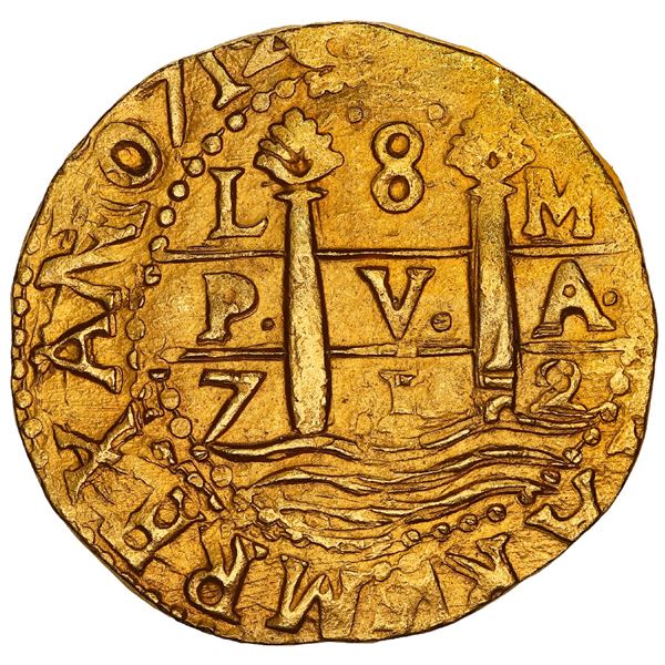 PERU, Lima, gold cob 8 escudos, 1712 M, NGC MS 64 (1715 Fleet Shipwreck Label).