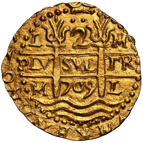 PERU, Lima, gold cob 2 escudos, 1709 M, pillars side struck from 2R Royal (galano) die, unique, NGC