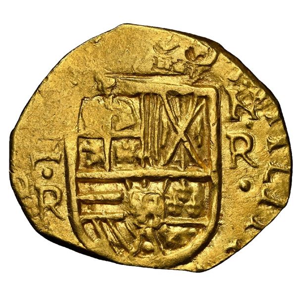 COLOMBIA, Bogotá, gold cob 2 escudos, Philip IV, assayer R below denomination II to left (mid-1600s)