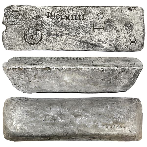 Large silver ingot #305 from Oruro, 88 lb 7.04 oz troy, Class Factor 0.8, with markings of manifest