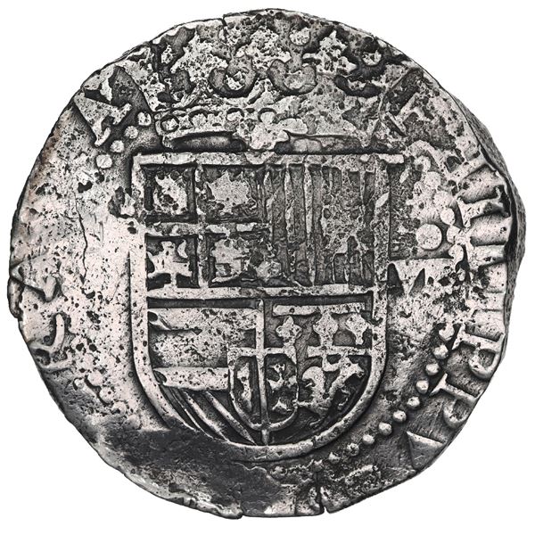 SPAIN, Seville, cob 8 reales, Philip II, assayer Gothic D at 4 o'clock outside tressure on reverse.