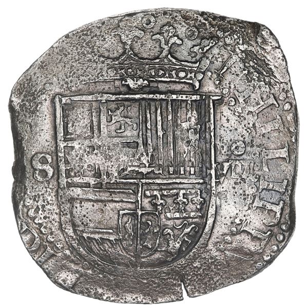 SPAIN, Seville, cob 8 reales, Philip II, assayer Gothic D at 4 o'clock outside tressure on reverse.
