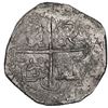 Image 2 : SPAIN, Seville, cob 8 reales, Philip II, assayer Gothic D at 4 o'clock outside tressure on reverse.