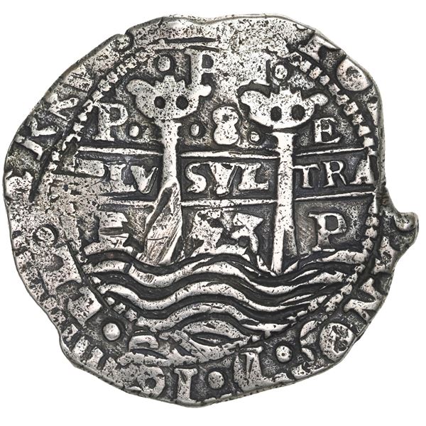 BOLIVIA, Potosí, cob 8 reales, 1653 E, •PH• at top, •pomegranate• above cross.