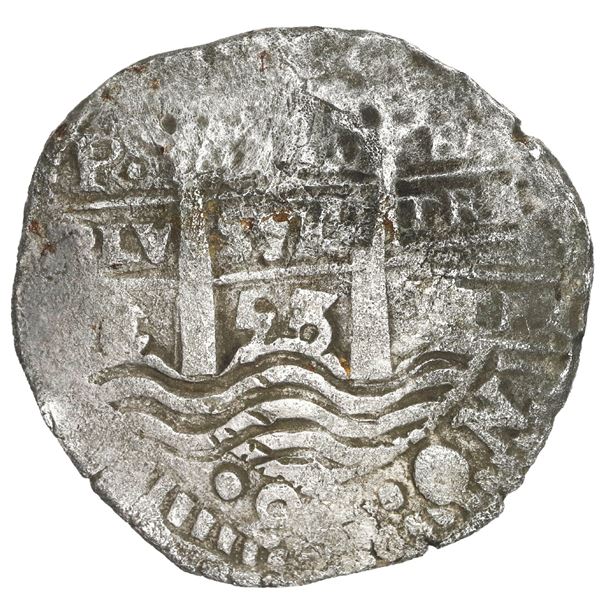 BOLIVIA, Potosí, cob 8 reales, 1653 E, •PH• at top, •pomegranate• above cross.