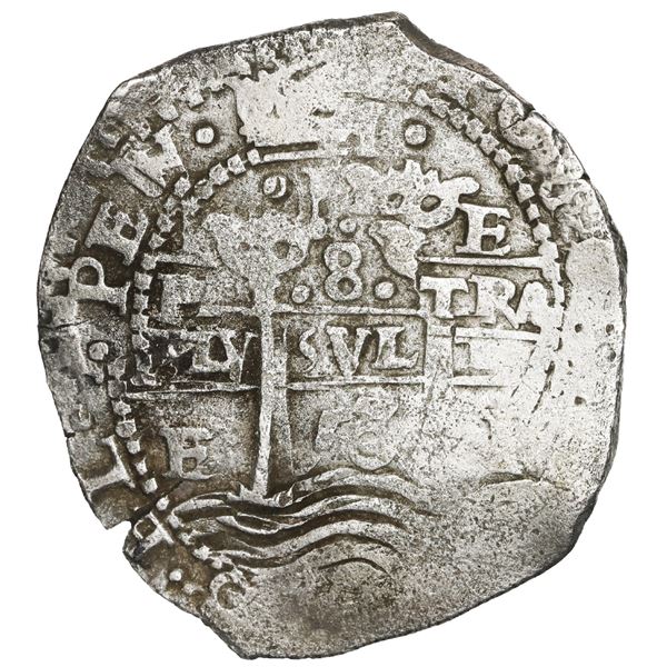 BOLIVIA, Potosí, cob 8 reales, 1653 E, •PH• at top, •pomegranate• above cross.
