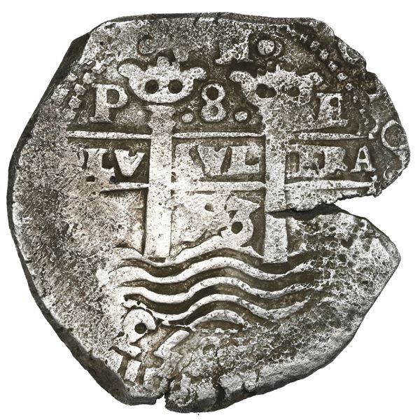 BOLIVIA, Potosí, cob 8 reales, 1653 E, •PH• at top, •pomegranate• above cross.