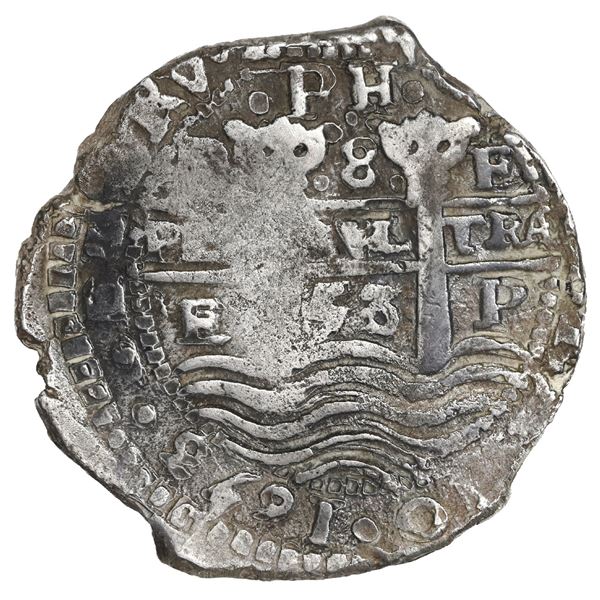 BOLIVIA, Potosí, cob 8 reales, 1653 E, •PH• at top, •pomegranate• above cross.