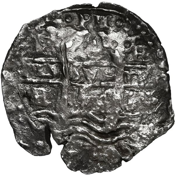 BOLIVIA, Potosí, cob 4 reales, 1654 E, •PH• at top, •pomegranate• above cross, NGC XF details / sea 
