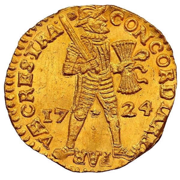 NETHERLANDS (United), Utrecht, gold ducat, 1724, NGC MS 64 (Shipwreck Blue Label).