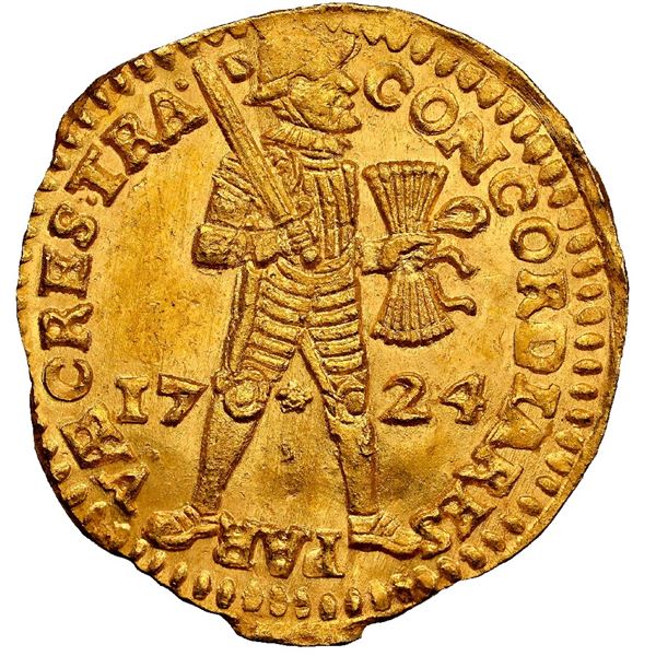 NETHERLANDS (United), Utrecht, gold ducat, 1724, NGC MS 63 (Shipwreck Blue Label).