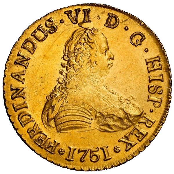 CHILE, Santiago, gold bust 8 escudos, Ferdinand VI, 1751 J, NGC UNC details / obv scratched (Shipwre