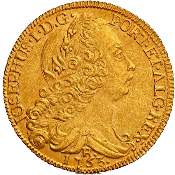 BRAZIL, Rio, gold 6400 reis, José I, 1753-R, NGC UNC details / saltwater damage (Shipwreck Blue Labe